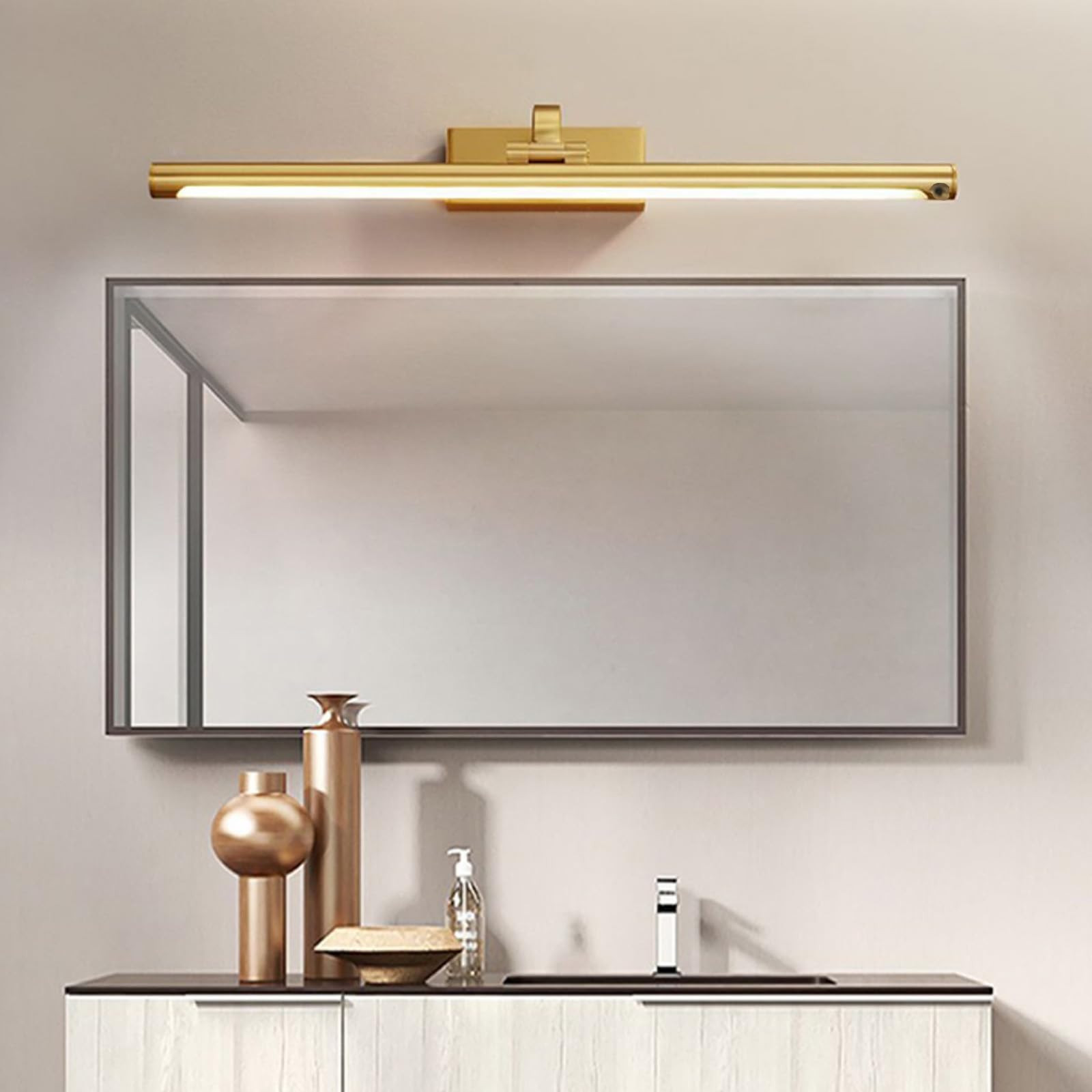 LED Spiegelleuchte Badezimmer mit Bewegungsmelder Wasserdicht Wandbeleuchtung 180° Drehbar Modern Wandleuchten Bilderleuchte Wandleuchte für Keller Küche Badschrank (Silbernes Warmes Licht,60cm)