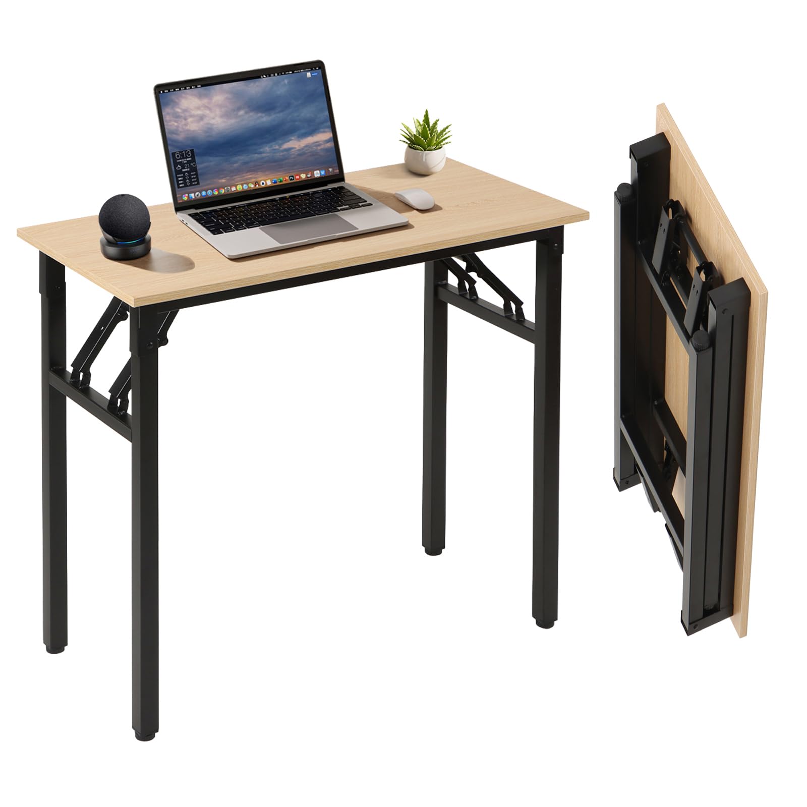 Panana Small Foldable Computer Desk, 31.5 inch Small Folding Home Office Desk for Small Spaces, Modern Simple Style for Home, Office, Study, Writing, No Assembly Required (Natural Wood, 31.5" x 15.7")