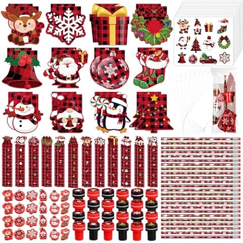 Dianelhall 168 Pcs Christmas Stationery Party Favors Bulk Christmas Buffalo Plaid Mini Notebook Pencils Stickers Stamps Erasers Rulers Bags for Kids Classroom Exchange Gifts Xmas Party Favor Supplies Cover