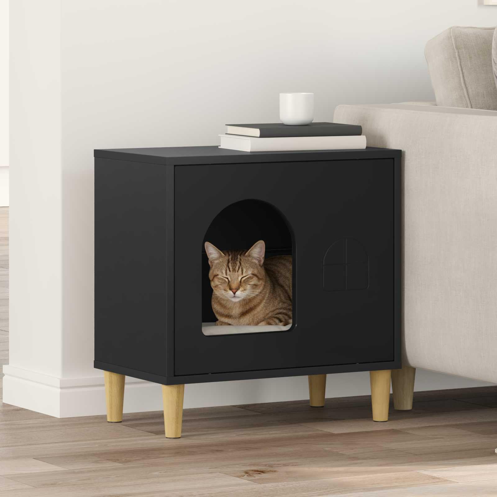 Katzenhaus Indoor 51 x 30 x 52 cm Katzenhöhle Schwarz | Stabile Katzenhöhle aus Holzwerkstoff für das Wohnzimmer - moderner Rückzugsort und Katzenmöbel für drinnen.
