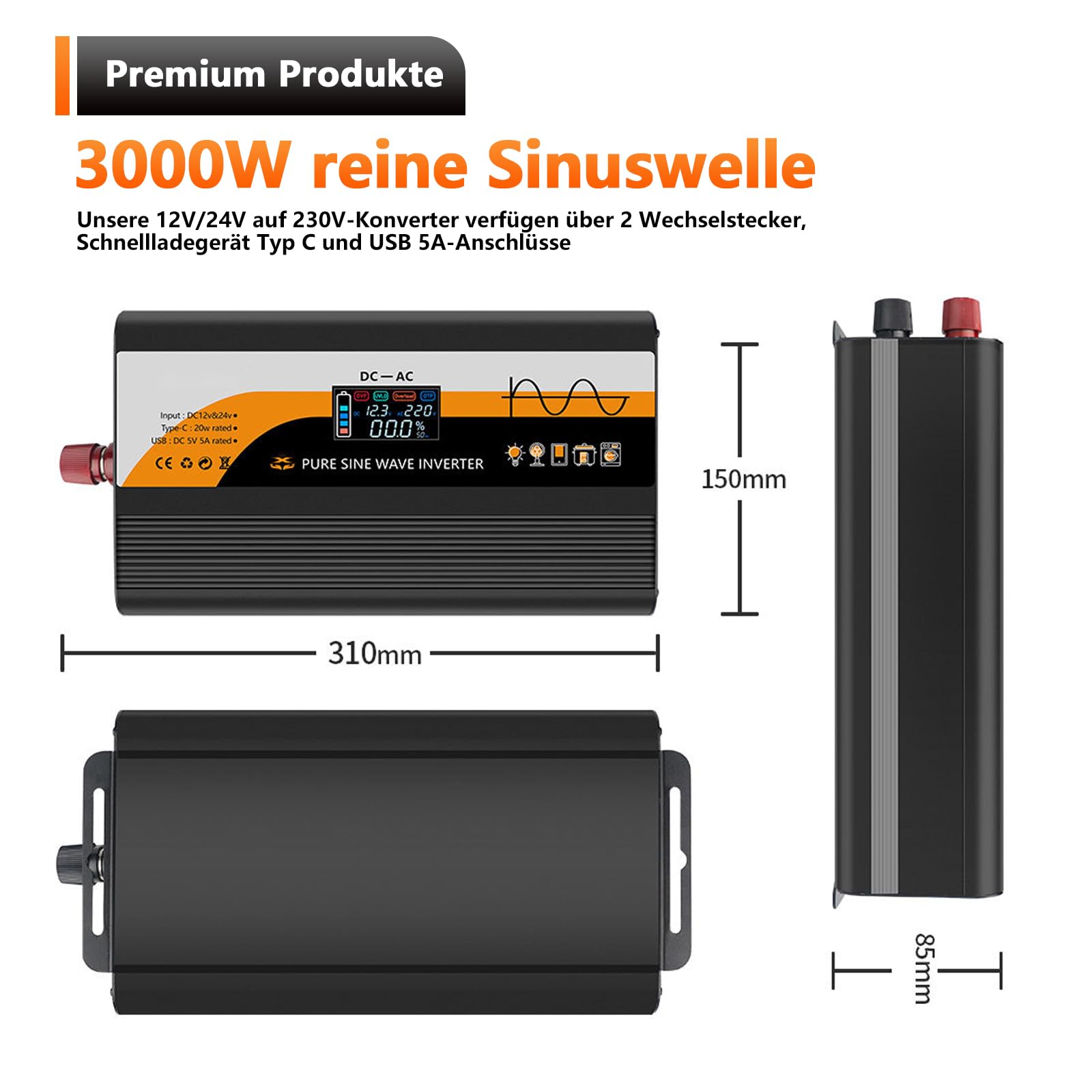 Przetwornica napięcia DC 12 V/24 V na AC 230 V, falownik sinusoidalny, czysty przetwornik sinusoidalny, 1300 W, 3000 W, z 2 europejskimi gniazdkami, wyświetlaczem USB i LCD, konwerter prądu do