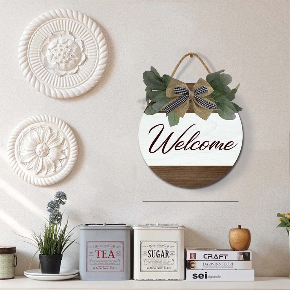 CHDITB Ghirlanda Di Benvenuto Per Porta D'Ingresso - Cartello 3D Boho Con Fiocco E Foglie, Legno Sintetico 29x29 Cm, Decorazione Casa Fattoria - 2