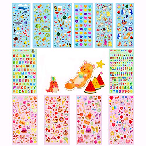 Stickers for Kids,12 Different Sheets Kids Stickers (720+Count),Glitter Stickers, for Parents,Teachers,DIY Stickers for Scrapbook,Gift,Including Smiley Faces,Rainbow,Animals,Stars,Cakes and More