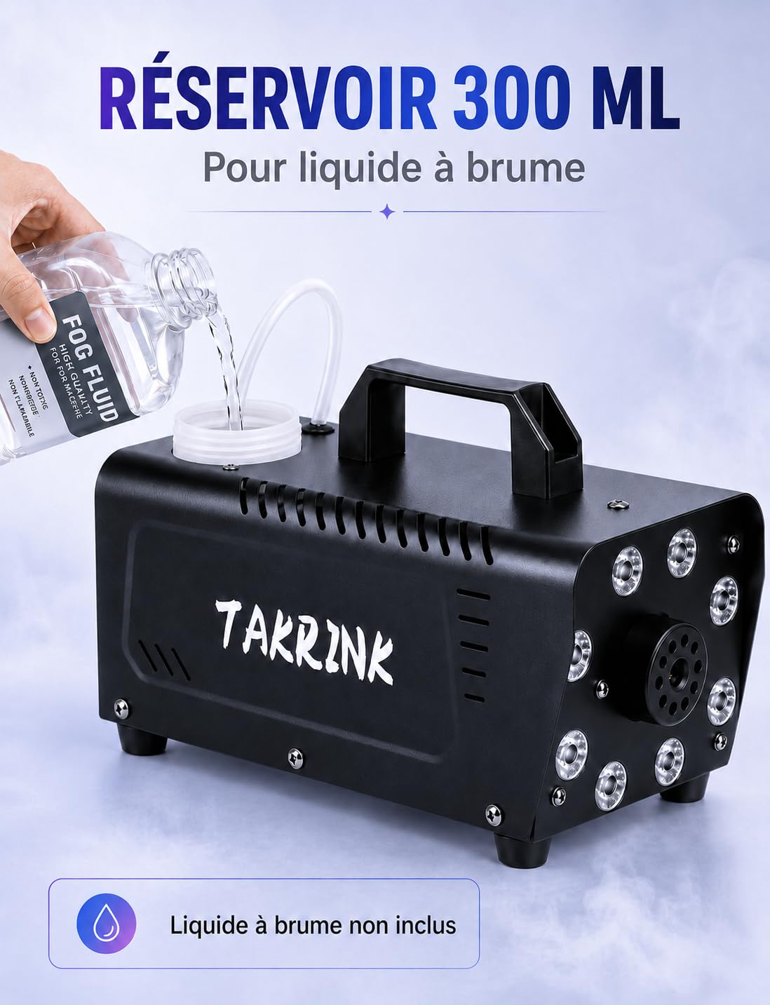 TAKRINK Machine à Fumée 900W Télécommande Machine à Brouillard Professionnel avec 8 LED et Réservoir 0,3 Litres pour Halloween Mariages Étapes Fêtes DJ et Spectacles | 8 LED RGB 16 Couleurs effet fumée Lumineux Réservoir 0,3 L et Commande à Distance pour
