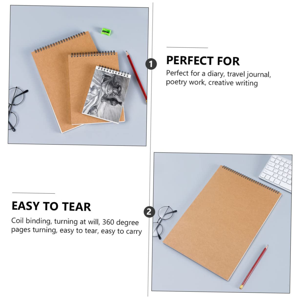 Carnet de Croquis en Papier Kraft, Lot de 2, Reliure Spirale