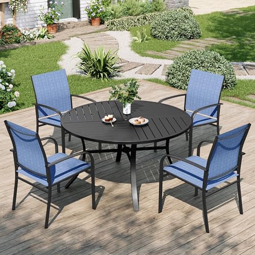 Image of MIXPATIO Patio Table and Chairs Set for 4, 5 Pieces Outdoor Dining Set, 4 Blue Textilene Chairs and 42 inch Metal Round Table with Umbrella Hole, for Deck Garden Backyard Lawn Poolside