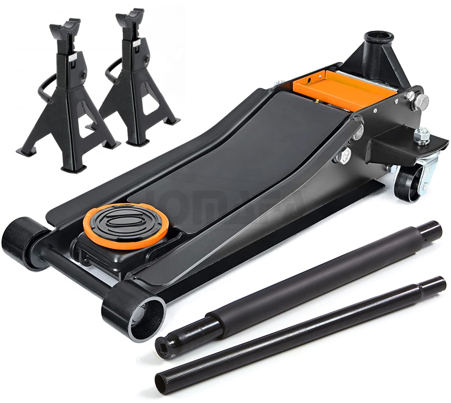 Gato De Carretilla Hidraulico Doble Piston Bajo Perfil Extra Largo 3.5 Ton con Par de caballetes 3 Ton