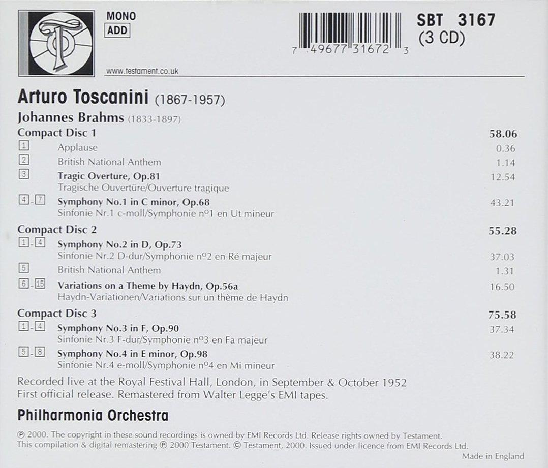 Toscanini dirigiert Brahms (Die vier Sinfonien) (Aufnahme Live London 1952)