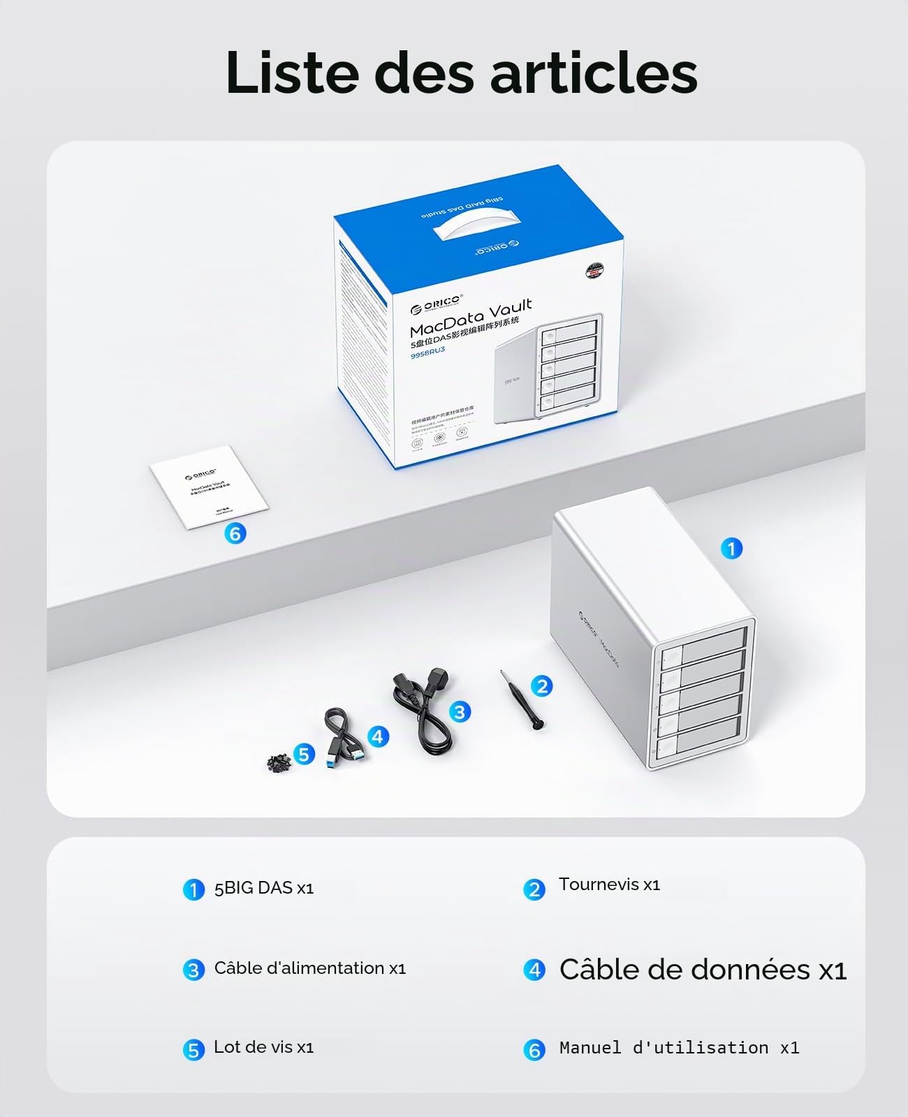ORICO Boîtier Raid 5 pour Disques Durs/SSD 2,5/3,5 Pouces Jusqu'à 5 x 22 to, Station USB 3.0 Type B, Raid 0/1/3/5/10/PM (9958RU3)