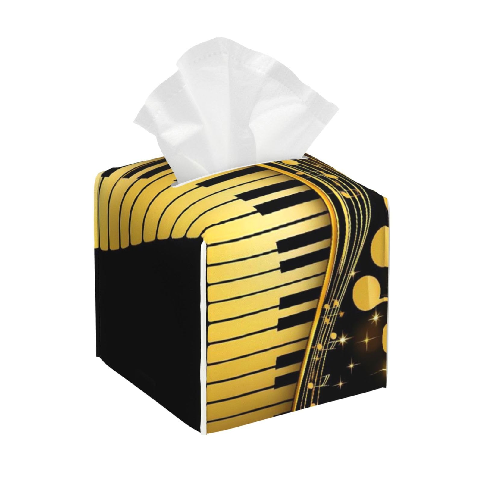 Gold Black Novel Music Piano Note Prints Leather Tissue Box Cover Holder Square Facial Paper Organizer 5.2" X 5.2" X 5.2"