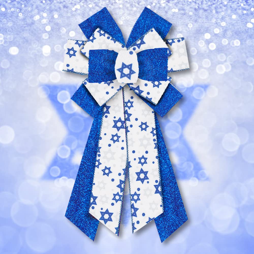 Large Hanukkah Bows for Wreath, Blue Stars Jewish Christmas Ornament, Star of David Tree Topper for Front Door, Chanukah Party Decorations
