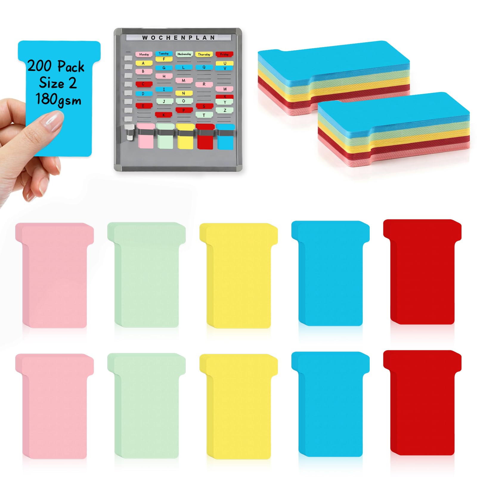 200 Pack Size 2 T-Card Planning Card Re-Fills 180gsm Colored T Cards Red Yellow Blue Pink Green for Pegboard Office Wall Planner System W60x Bottom W48X Full H85mm