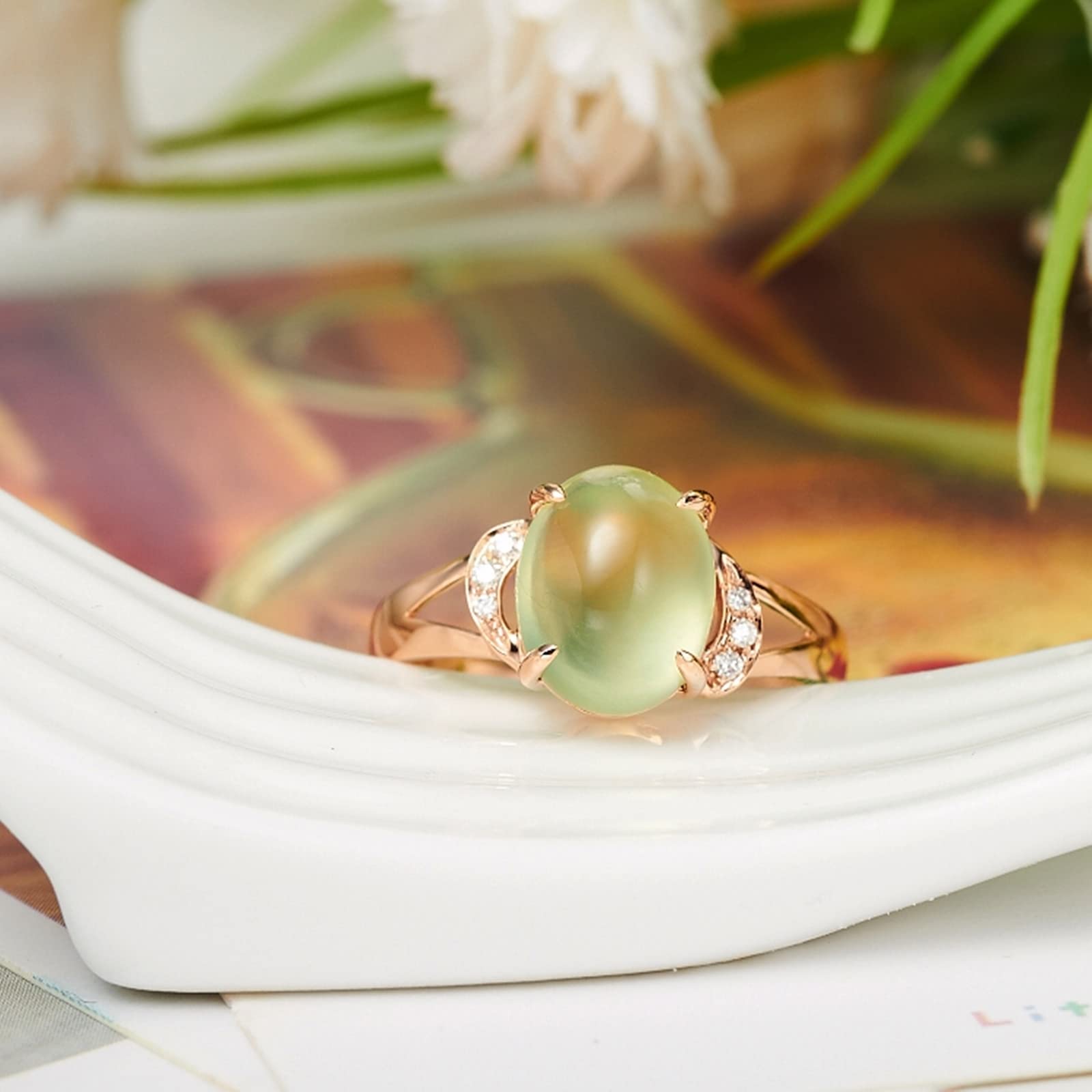 Anillo de oro rosa de 18 quilates, anillos gruesos de prehnita verde de 4 puntas, anillos ovalados de prehnita, regalo de propuesta de joyería para mujeres