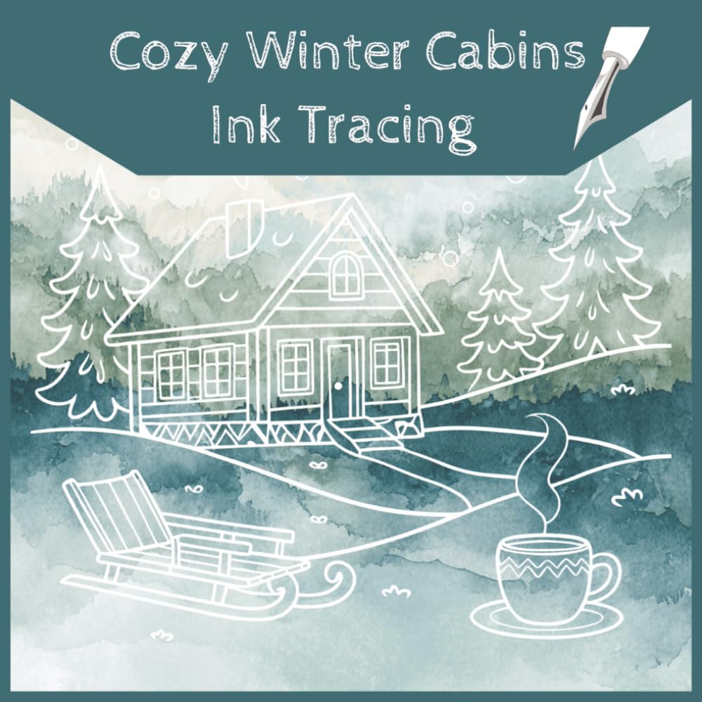Cozy Winter Cabins Ink Tracing: 40 Rustic Mountain Cottages on Watercolor Backgrounds for Relaxation and Mindfulness, One Black Pen