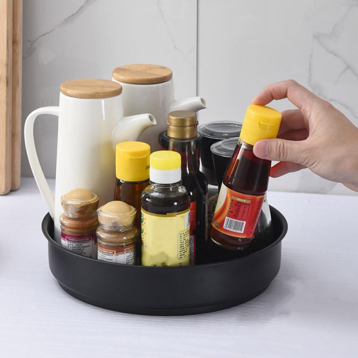 BESPORTBLE 2 Vassoi Porta Spezie Rotanti in Acciaio Inox Nero, Organizer Girevole da Tavolo per Condimenti e Accessori Cucina, Vassoio Portaoggetti Multifunzionale Salvaspazio per Uso