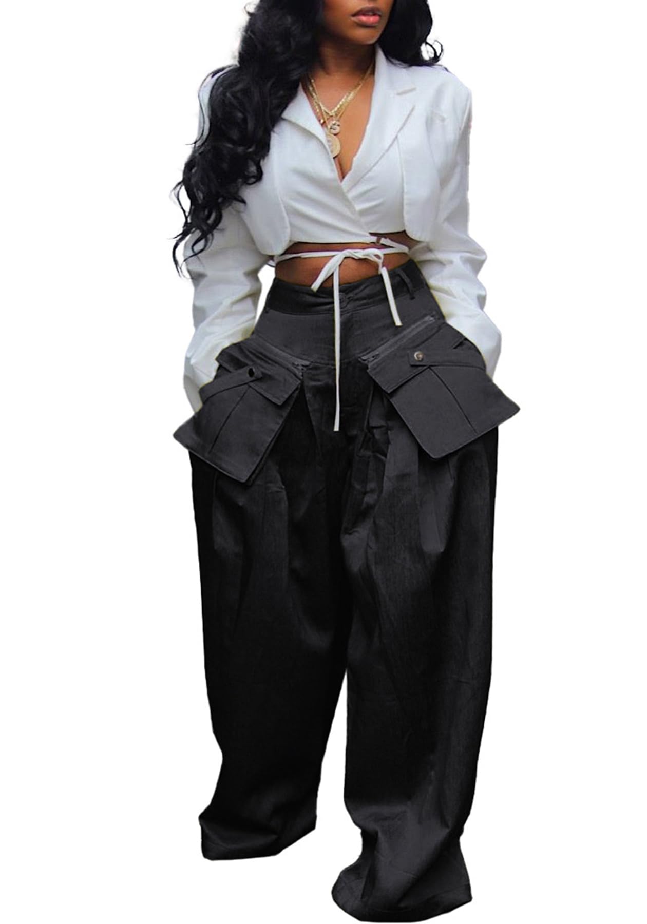 DINGANG High Waisted Wide Leg Cargo Pants Women Flowy Casual Pants with Zippers Pockets