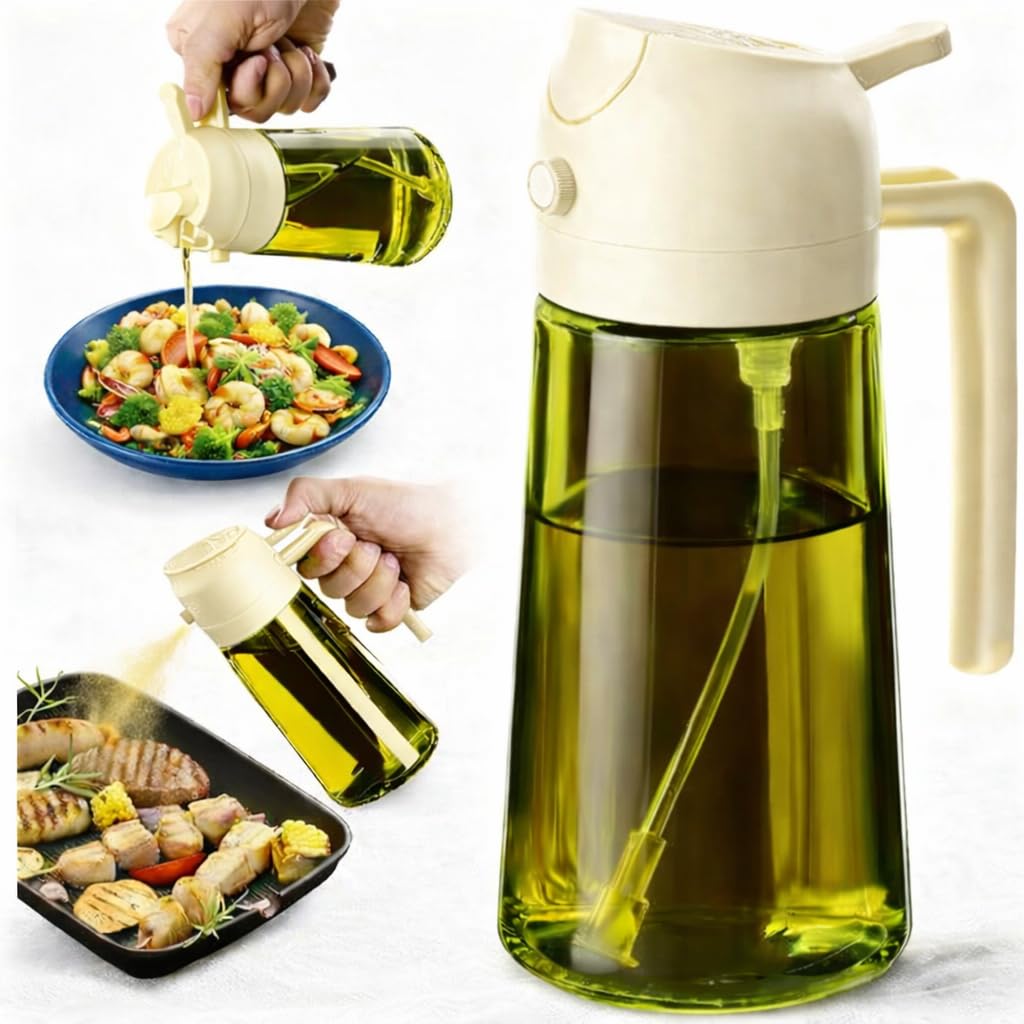 2-in-1 Oil Sprayer and Dispenser Bottle – 470 ml/16oz Glass Olive Oil Spray Bottle with Light-Blocking Design, Cooking Oil Sprayer for Air Fryer, Salad, BBQ & Kitchen