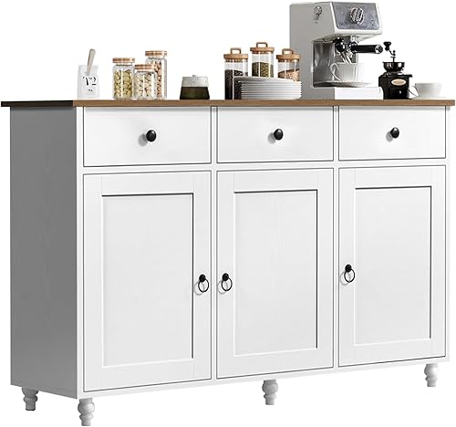 4 EVER WINNER Gabinete de barra de café con almacenamiento, gabinete de buffet de mediados de siglo con 3 cajones de almacenamiento y patas de