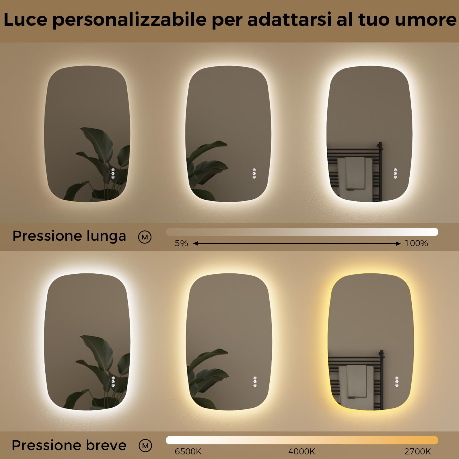 S'AFIELINA Specchio Bagno con Luce Ovale 70 × 45 × 2,5 cm (A × L × P), Interruttore Touch, Dimmerabile, 3 Colori di Luce, Antifog, Funzione Memoria, Specchio Bagno Retroilluminato, HD Vetro Temperato