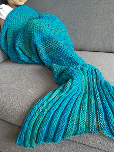 IGIG Hand-crocheted Knitting Mermaid Tail Blanket For Kids Teens Adult Seasons Warm Soft Living Room Sleeping Bag (Blue(Kids))