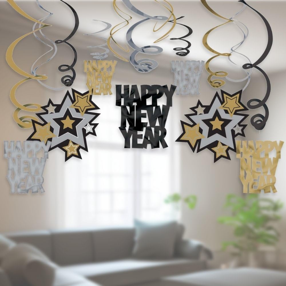 Amscan 679985 - 30 Deko-Spiralen Happy New Year, Silvester, Dekoration
