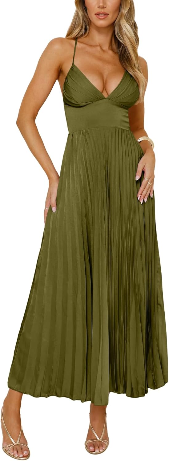 Women's Pleated Satin Bridesmaid Dresses V-Neck Crisscross Back Prom Dress Long Formal Party Dress - Image 2