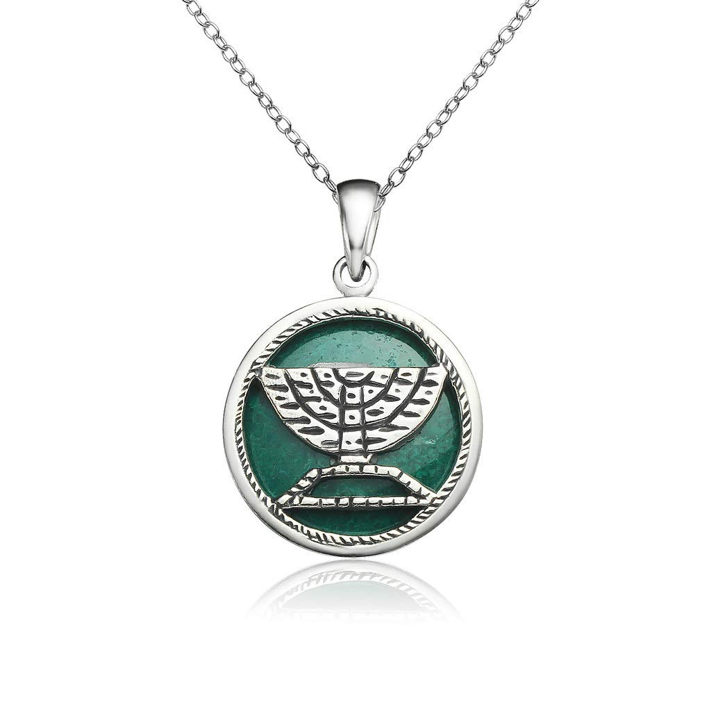 SolidSilver - Sterling Silver Round Genuine Chrysocolla Stone with The Holy Menorah Patterned with The Western Wall Stone Shape Pendant Necklace.