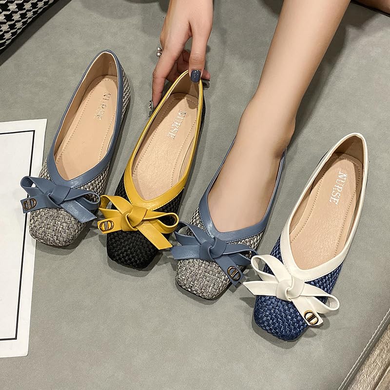 Woven Ballet Flats for Women Dressy Casual Bow Square Toe Dress Flats Comfortable Slip-on Walking Shoes3