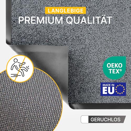 Entrando Fußmatte 90x150 cm robust & pflegeleicht – Schmutzfangmatte für Innenbereich & Außentür – farbecht, flach, maschinenwaschbar, perfekt für Hausflur, Vorraum, Büroeingang (Grau)