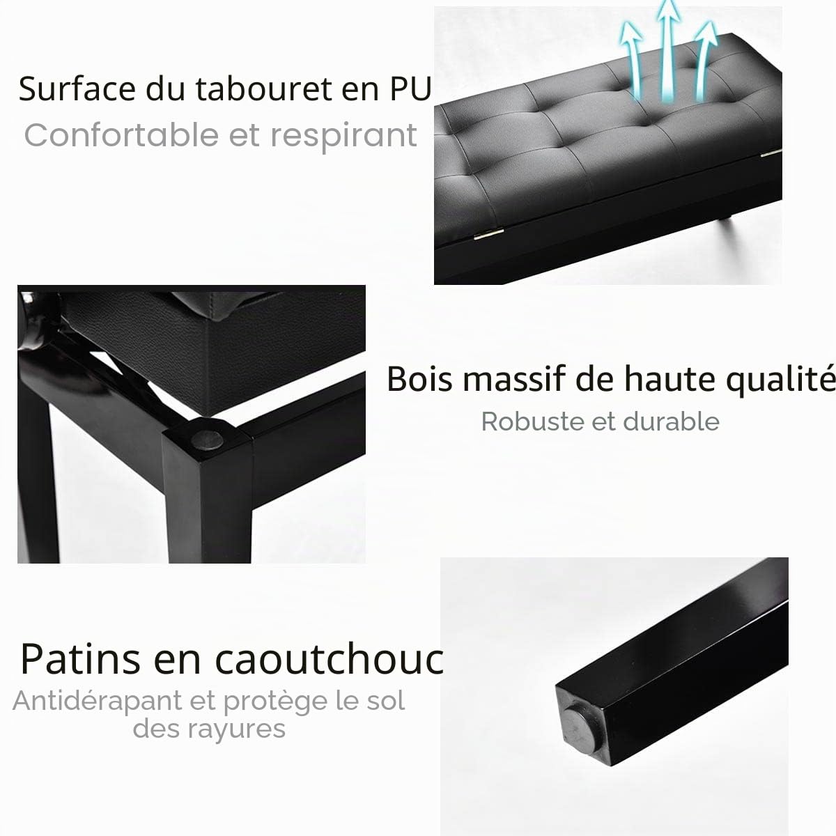 LIFEZEAL Tabouret de Piano Réglable en Hauteur 75 x 35 x 45-54 CM, Banc de Piano avec Boîte de Rangement, Siège de Piano en Cuir PU Cardre en Bois Massif et en Fer, Noir