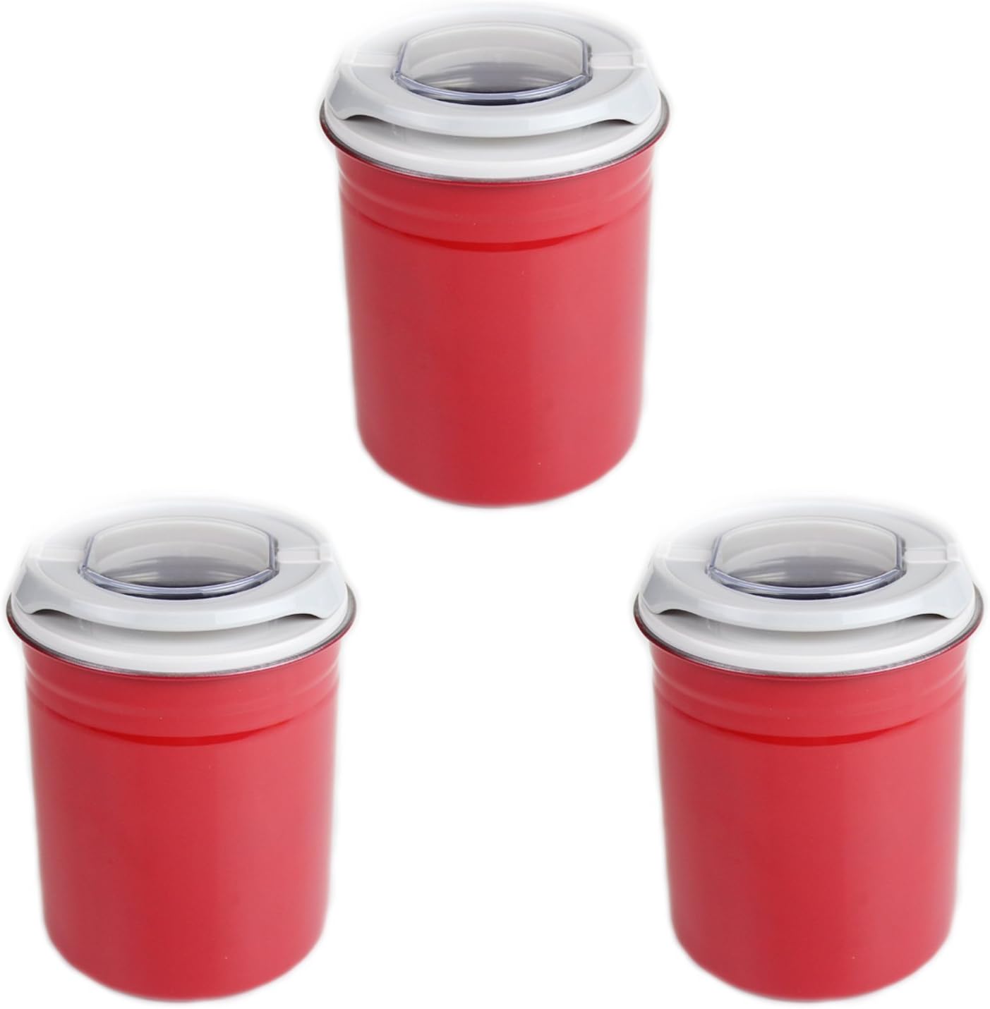 Set of 3 Kitchen Storage Canisters Jars with Air Suction Lids Red