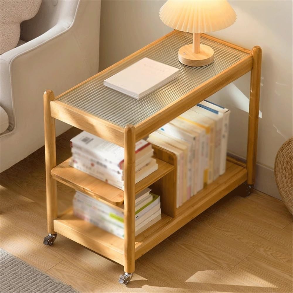 Libreria Portatile Carrello portaoggetti for libreria con Ruote universali, ripiano in bambù con lastra di Vetro, for Studio Domestico o espositore Mobile for Ufficio Scaffale di stoccaggio