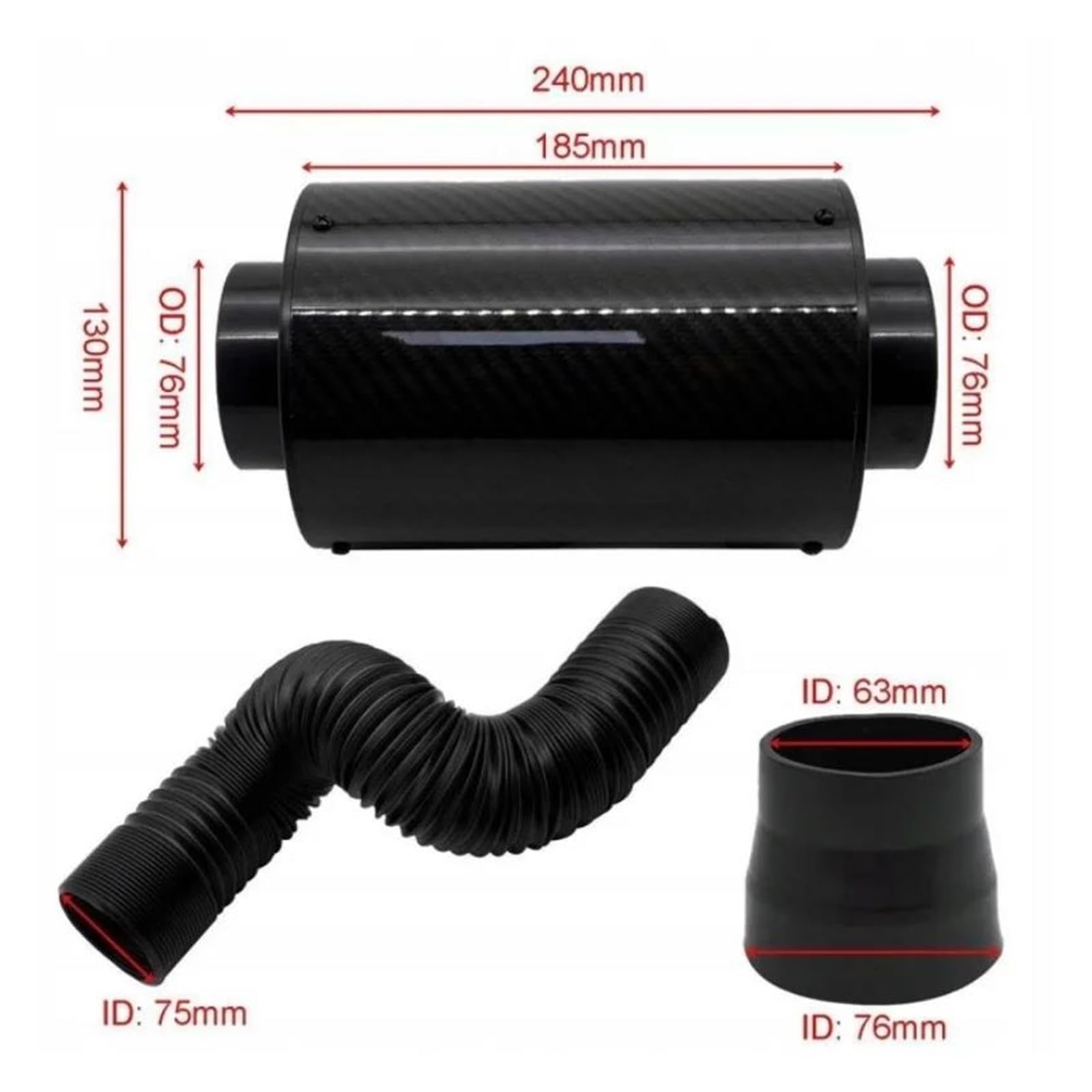 Manicotto DiAspirazione Kit di Aspirazione Aria Fredda Universale 76 Mm da 3 Pollici in Vera Fibra Carbonio Filtro Aria Ad Alto Flusso Induzione Aria Fredda con