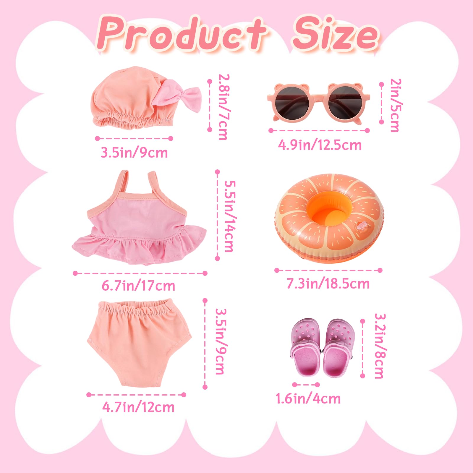 Set da 6 pezzi da nuoto per bambole, abbigliamento estivo per bambole da 14 a 18 pollici, con cuffia da bagno, costume da bagno, anello da nuoto, occhiali da sole, infradito per bambole da 30 – 43 cm