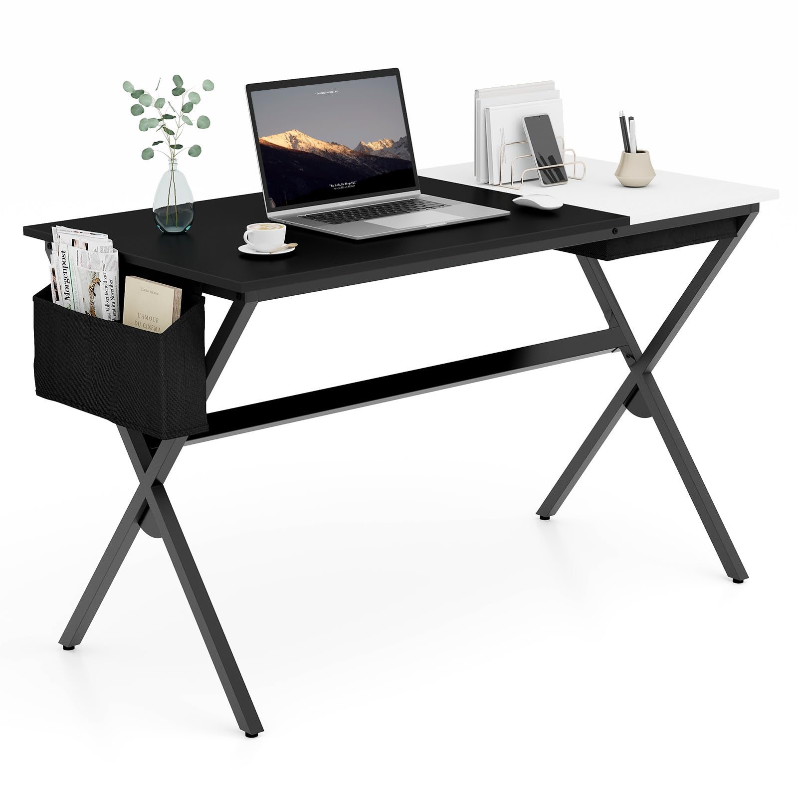 GIANTEX Scrivania per computer con portaoggetti pieghevole | Tavolo da scrittura con borsa portaoggetti laterale, postazione di lavoro in telaio metallico, 120 x 60 x 73,5 cm