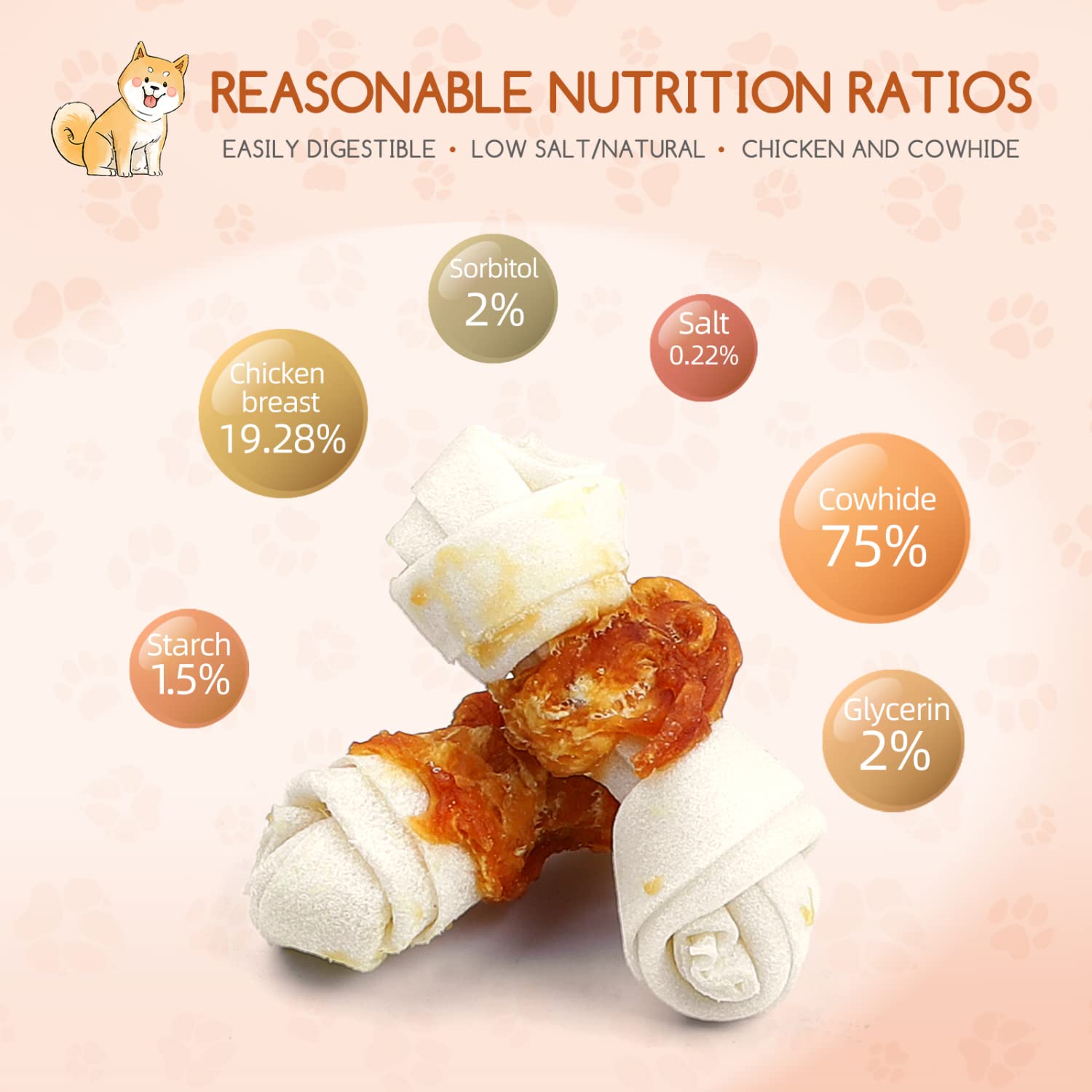 Nobleza- Hueso para Masticar con diseño de Pollo para Perros, Pollo Envuelto Rawhide Huesos con Nudos, Materias Primas Naturales Seleccionadas Golosinas para Perros Naturales - 6 PCS / 600g
