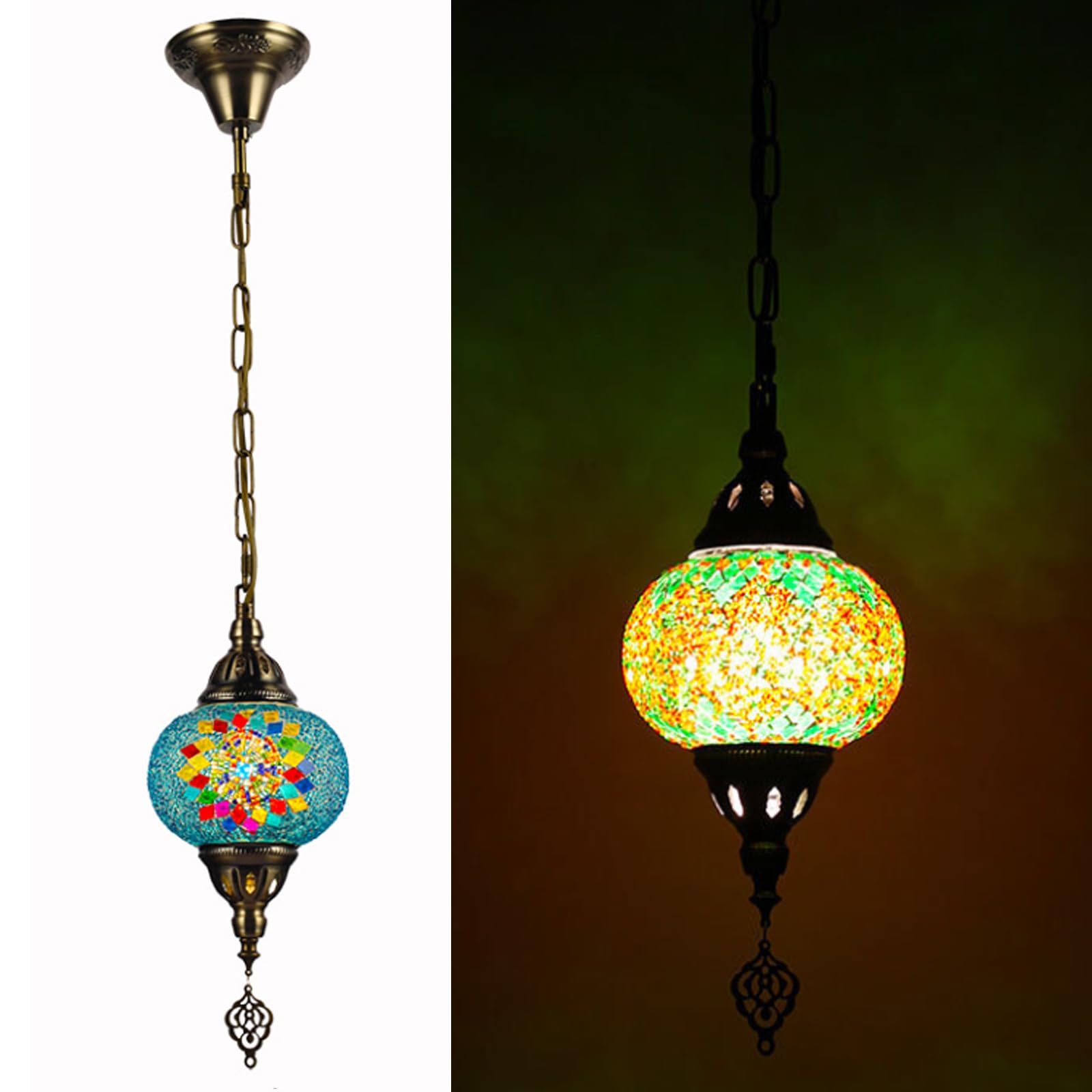HYJAUSXB Turkish Pendant Lamp, Handmade Moroccan Mosaic Lantern Ceiling Light, Multicolor Stained Glass Chandelier, Bohemian Style Hanging Lamp for Bedroom, Bar, Living RoomMulticolor,E