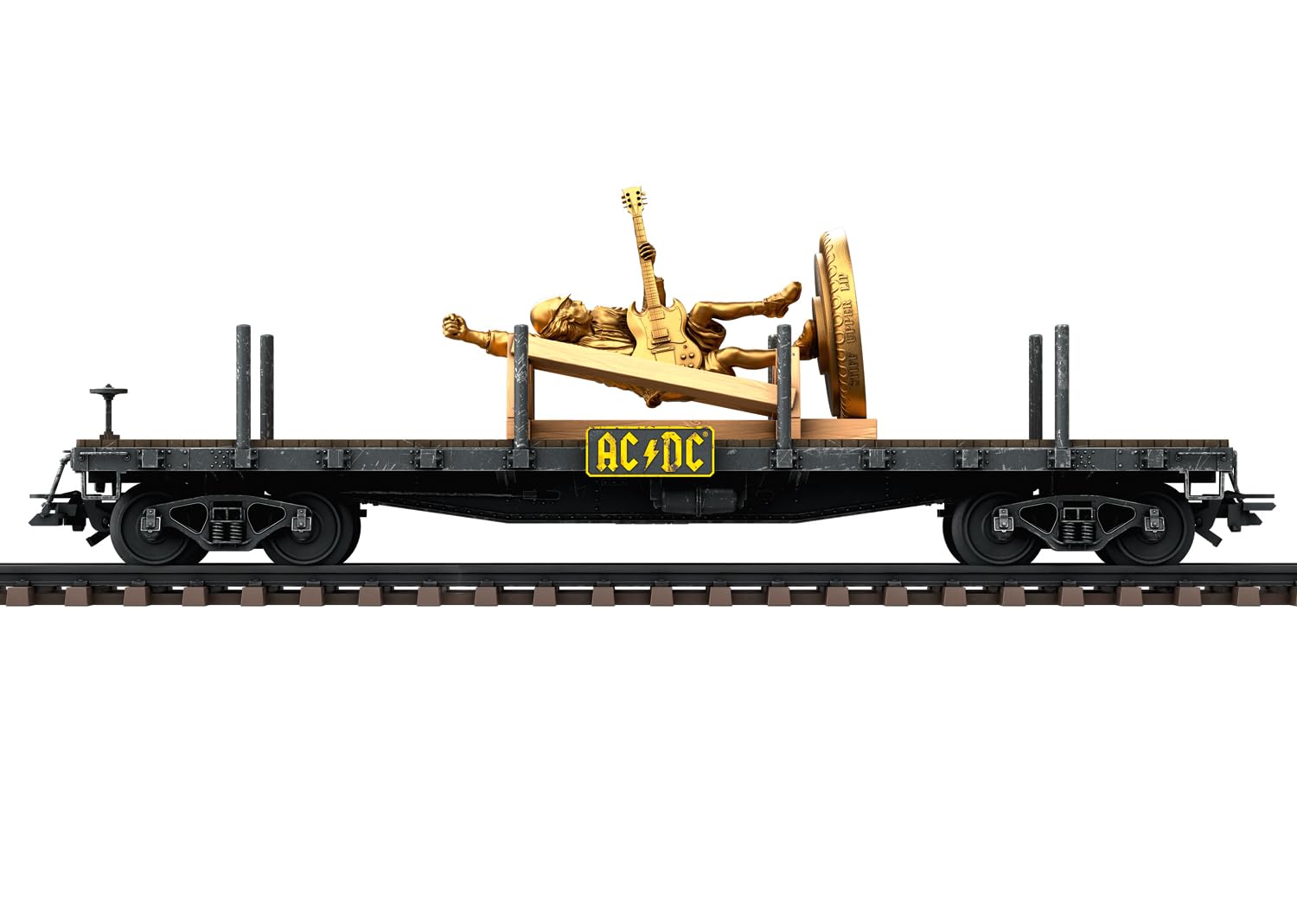 Märklin 48837 - Flachwagen AC/DC Stiff Upper Lip, Spur H0, beladen mit Messing Figur von Angus Young, Schwarz