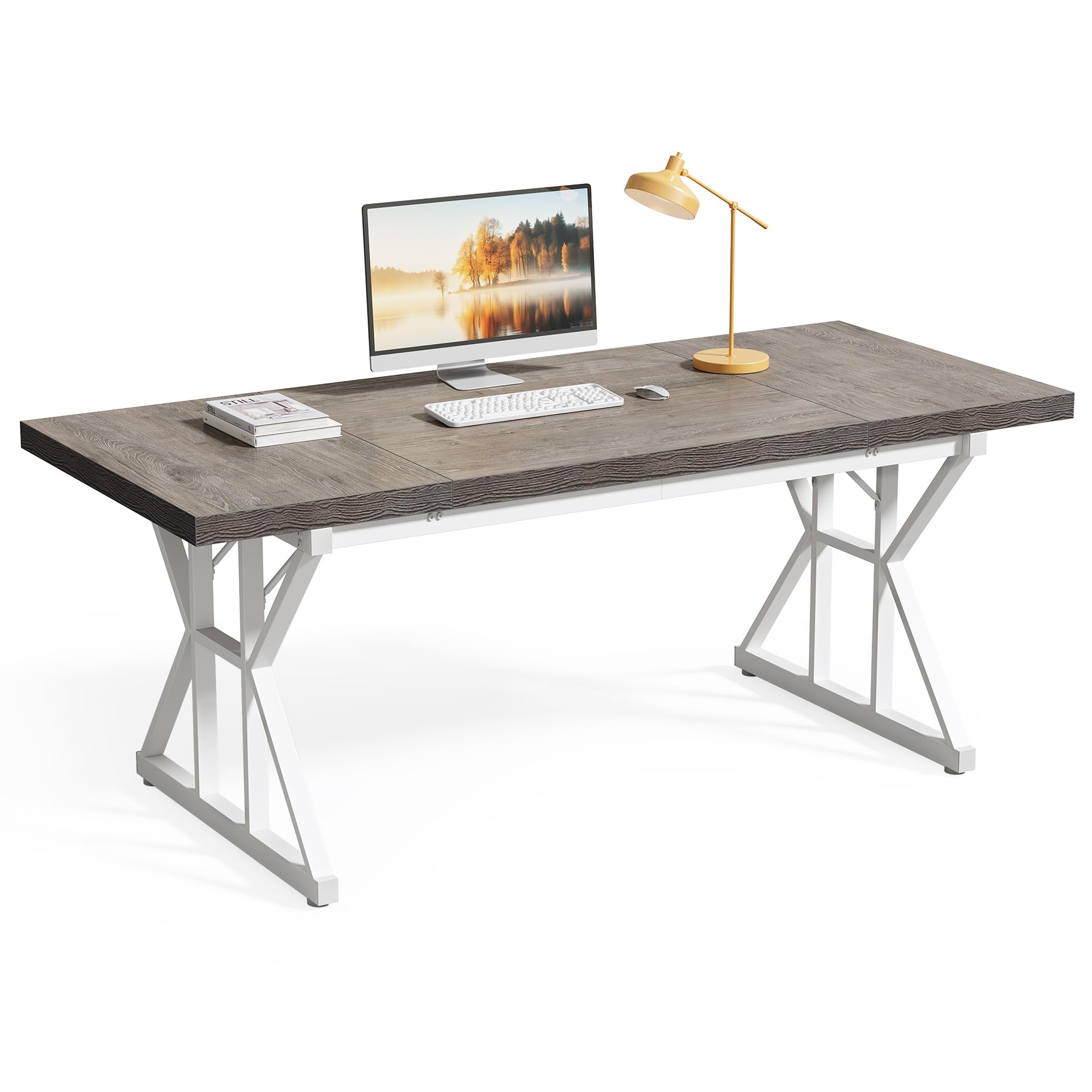 LITTLE TREE 70.8-Inch Large Executive Desk, Modern Computer Office Desk, Wooden Writing Desk Study Table for Home Office, Grey-White