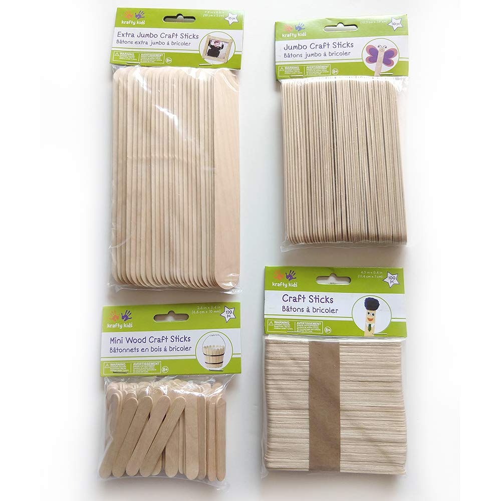 Pałeczki rzemieślnicze, różne rozmiary - Extra Jumbo (25-ct), Jumbo (50-ct), regularne (100-ct) i mini (120-ct) - naturalne drewno, 4-pak pakiet z magnesem "Make Stuff"