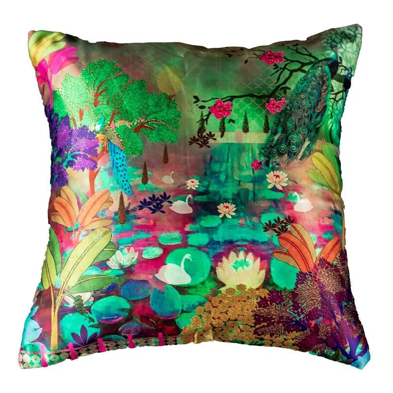 Image of Decorative Satin Sofa Cushion Covers Set of 5, 16 x 16 Inches, Multicolor Floral Printed Pillow Covers for Living Room, Bedroom, Couch & Sofa, Soft Glossy Fabric, Zipper Closure