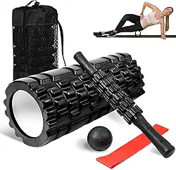 Rolo Massagem Liberação Miofascial, Kit Rolo de Liberação Miofascial, 4 em 1 Foam Roller com Bastão/Rolinho, Faixa de Alongamento, 1 Bolas de Massagem e Sacola de Transporte, Faixa Auxiliar de Puxar