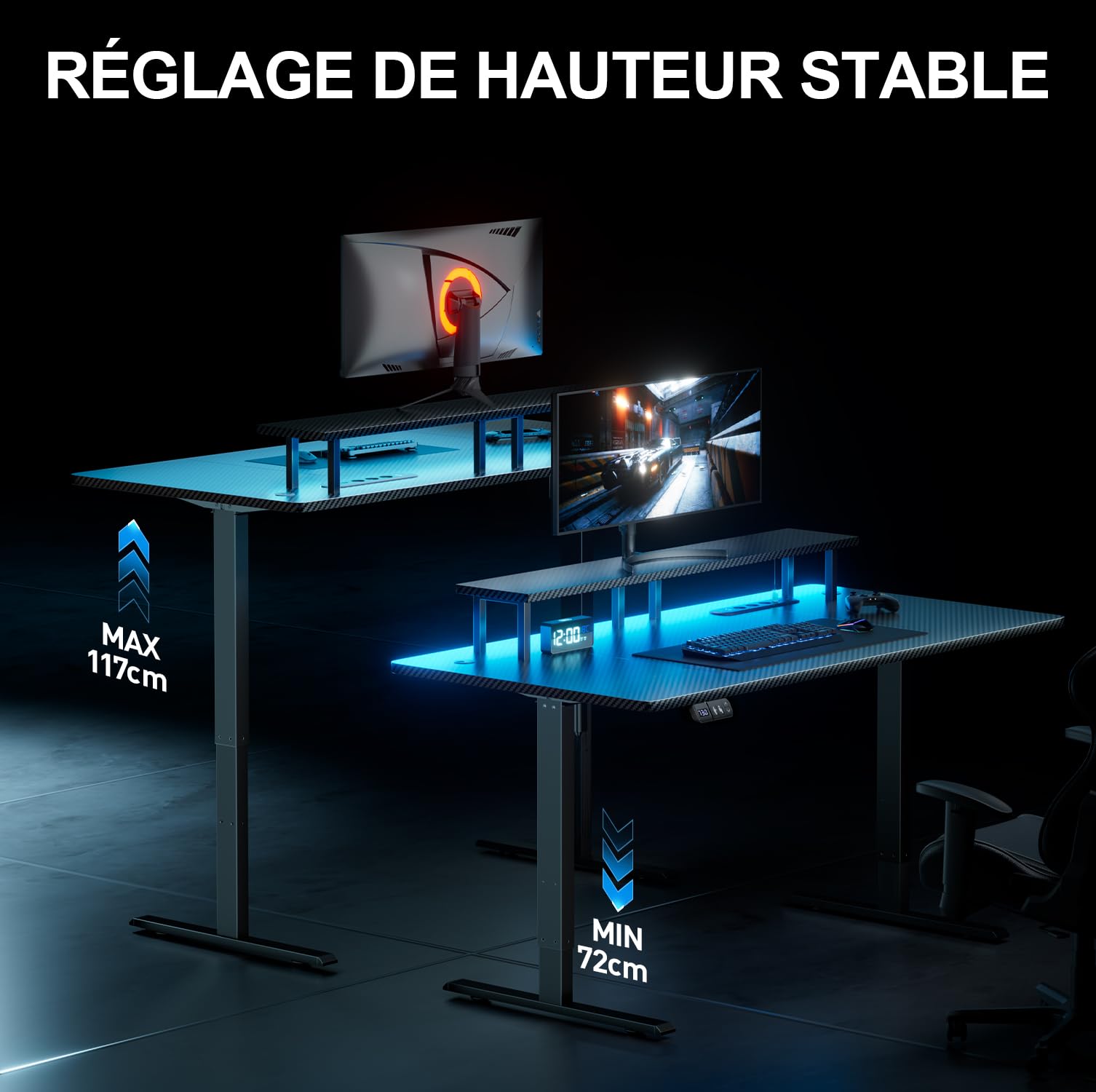 HLFURNIEU LED Bureau Assis Debout Electrique 120 x 60 cm, Bureau Gaming avec Prise Intégrée & Port USB, Table Ordinateur avec Support d'Écran, 2 Contrôle à Fonctions Mémoires, Table Gaming Noir