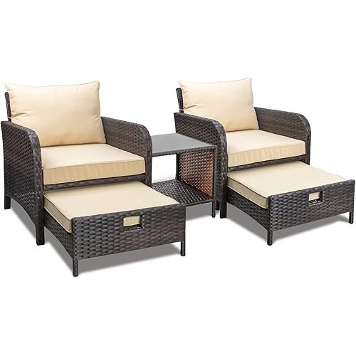 LEVELEVE Balcony Furniture 5 Piece Patio Conversation Set, PE Wicker Rattan Outdoor Lounge Chairs with Soft Cushions 2 Ottoman&Glass Table for Porch, Lawn-Brown Wicker