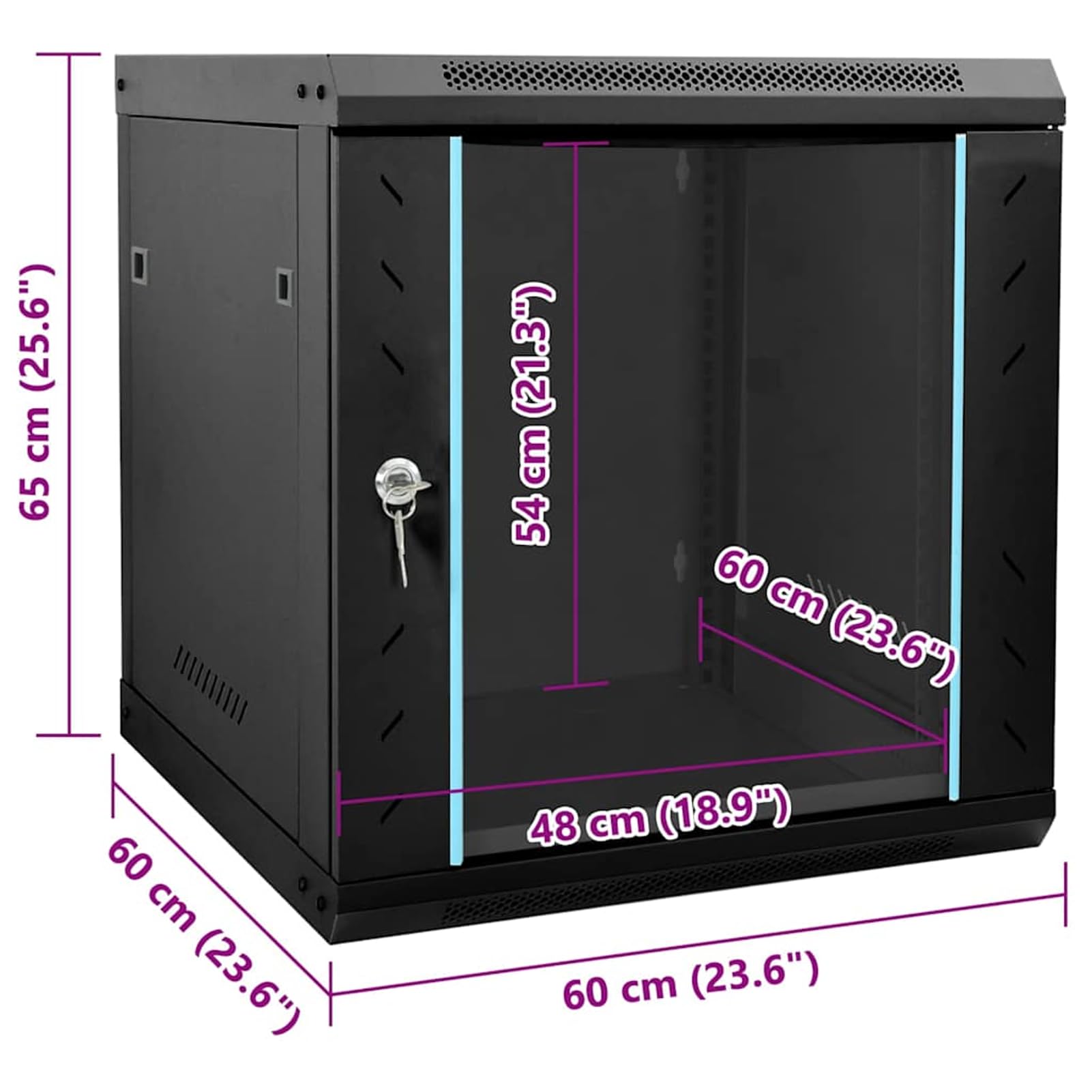 Armadio di rete in acciaio nero, 53 x 60 x 60 cm, con vetro di sicurezza monolastra e chiusura robusta, per interni, ufficio e arredamento tecnico