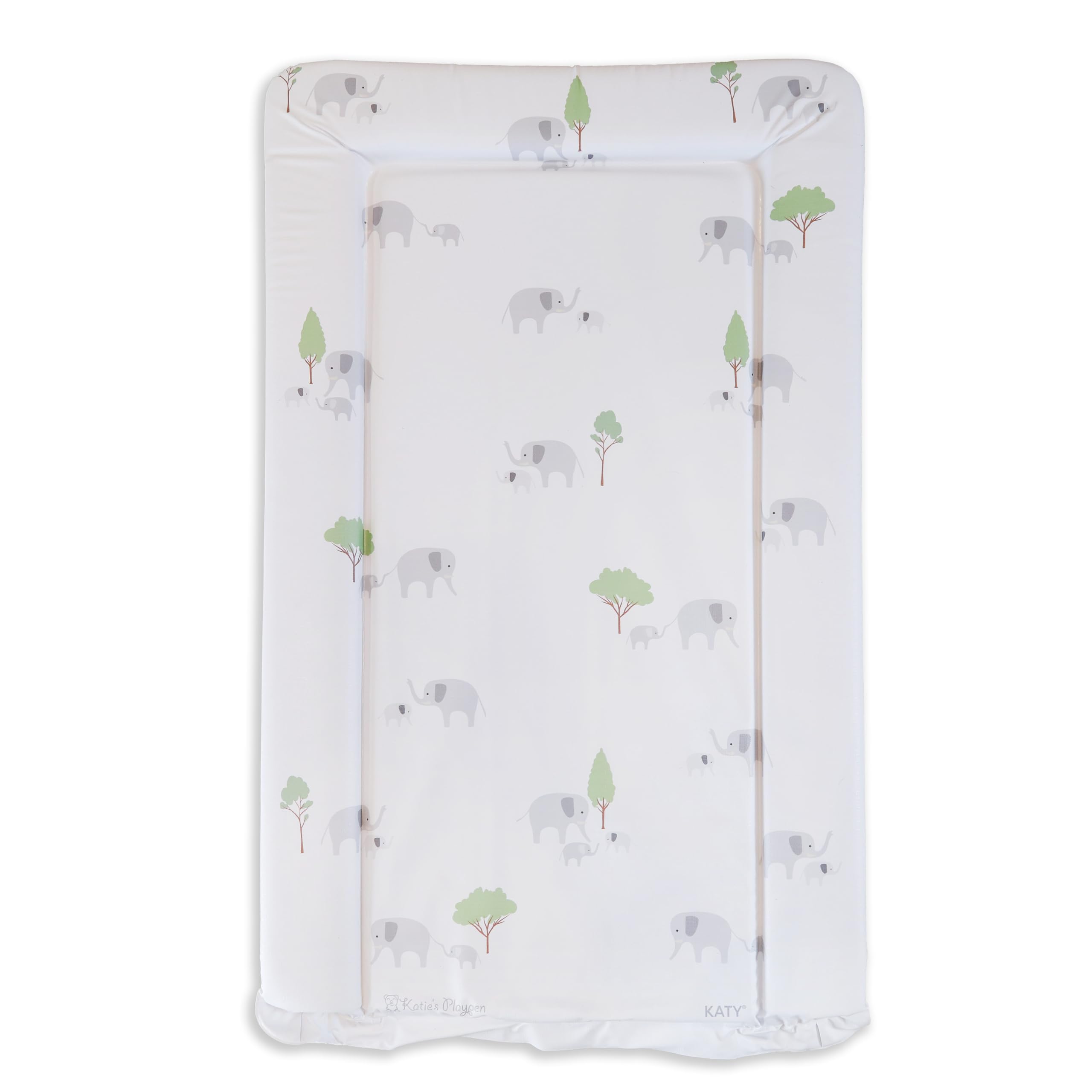 KATY Deluxe Baby Unisex Waterproof Wipeable Changing Mat with Raised Edges – Elephant Family Design White Grey