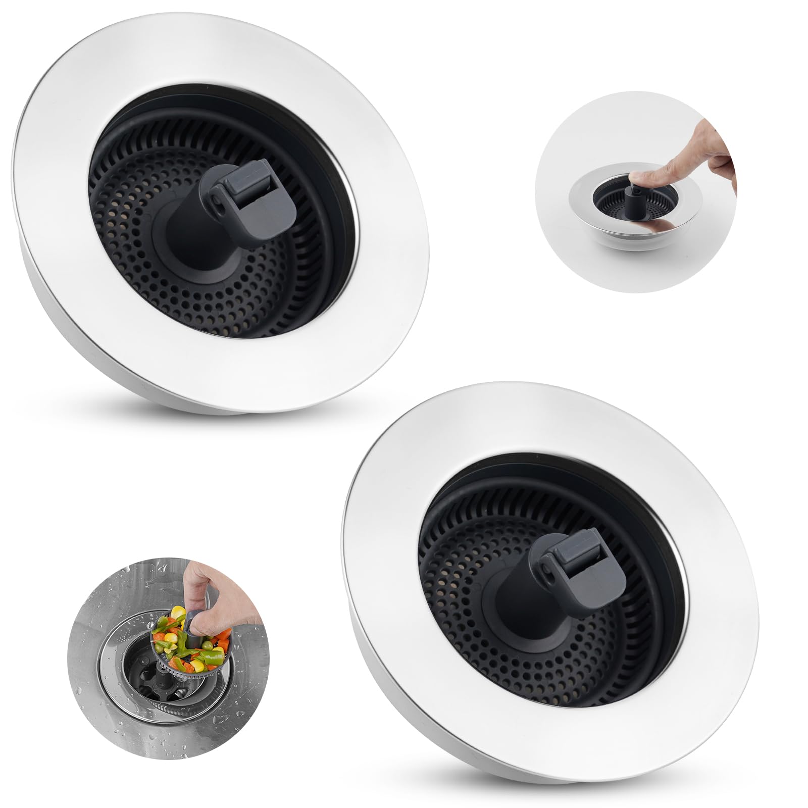 Hibbent 2 Pack 3 in 1 Kitchen Sink Drain Strainer, Stainless Steel Wrapped Shell Drain Stopper Combo, Pop Up Sink Stopper, Anti-Clogging Strainer with Foldable Handle for US Standard 3-1/2" Drain