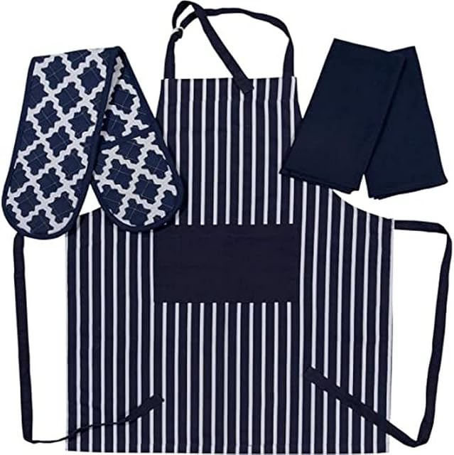 Penguin Home Apron, Double Oven Glove and 2 Kitchen Tea Towels Set-100% Soft, Durable, Heat Resistant & Super Absorbent, Cotton, Navy/White, 70 X 90, 18 X 90, 45X 65 cm