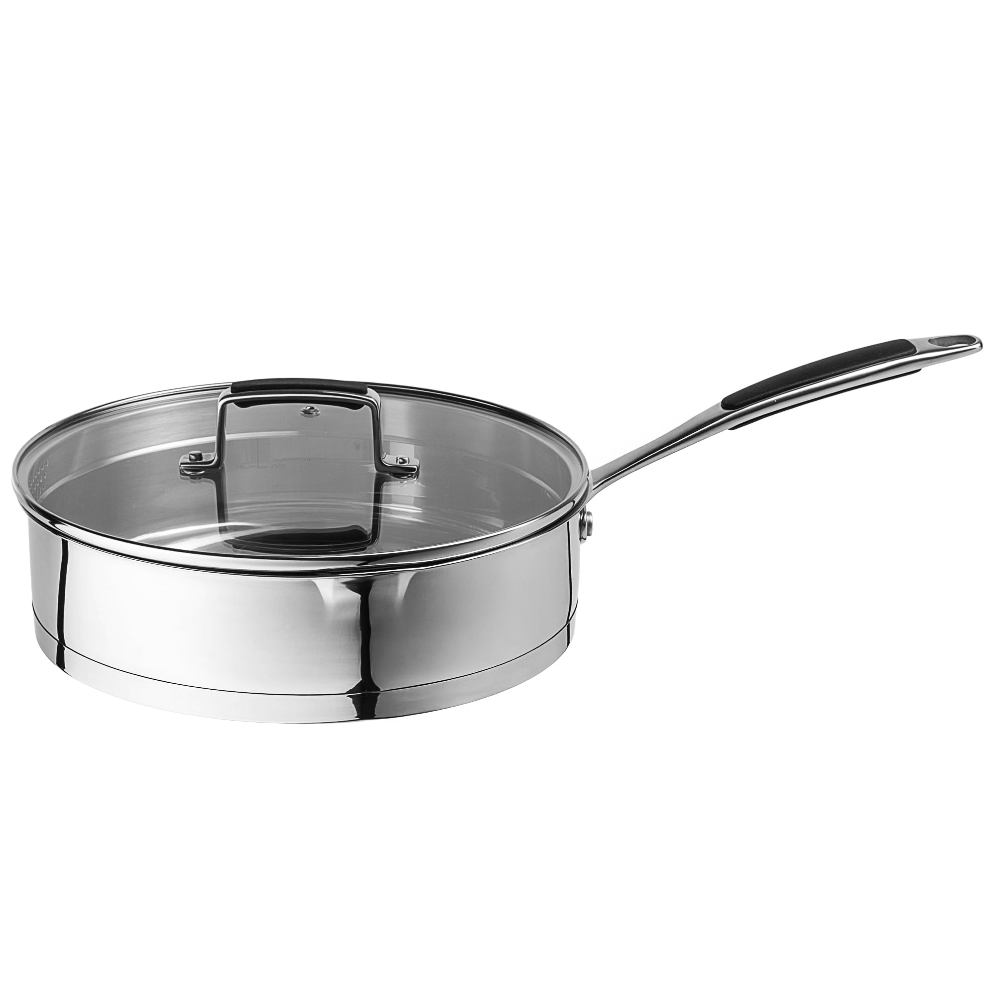 Prochef Stainless Steel,Saute Pan Ergonomic Silicone Handle, Glass Lid with Steam Vent, All Hob Compatible, Dishwasher and Oven Safe, 26 x 7.4 cm, Silver
