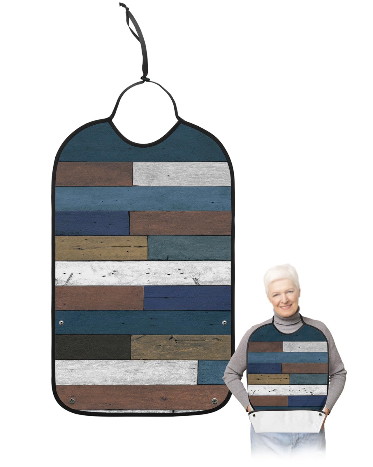 LEOKOTI Retro Brown Wood Adult Bibs for Eating, Waterproof Bibs with Food Catcher & Adjustable Snap Closure, Farmhouse Wooden Striped Washable Clothing Protectors Adult Bibs for Elderly Women/Men